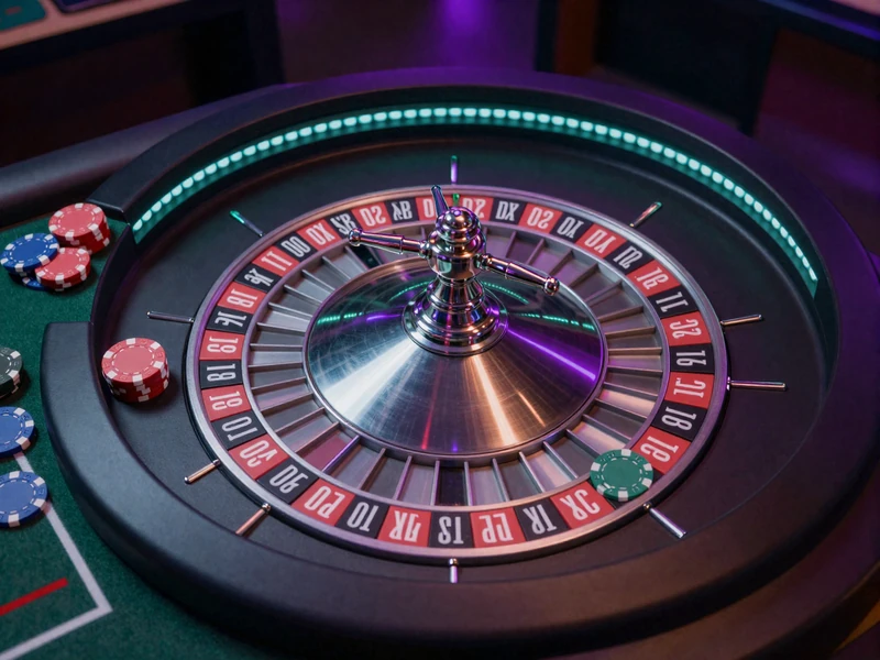 Dunkler Roulette-Tisch mit leuchtendem t&uuml;rkisem Rad und Neon-Chips bei GambleZen Casino