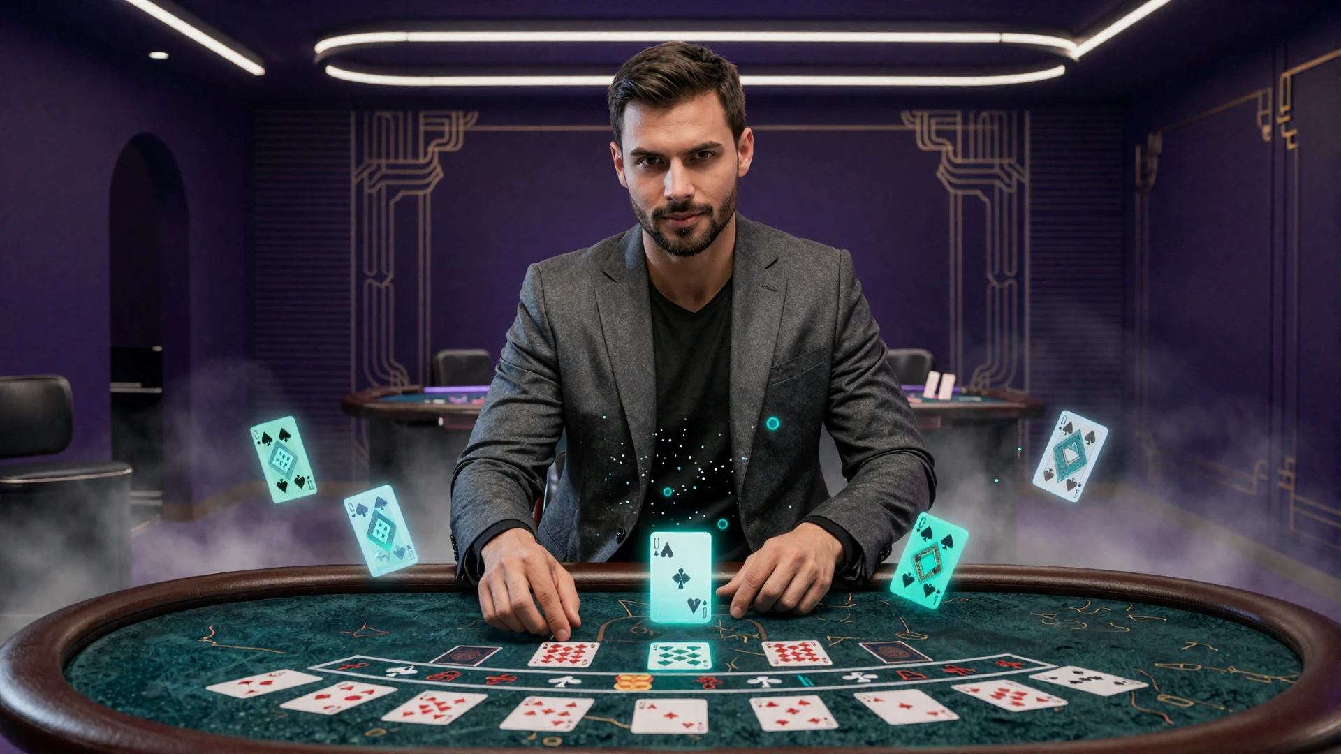 Model im Anzug an einem Live-Blackjack-Tisch mit schwebenden Karten und t&uuml;rkisen Partikeln im GambleZen Live Casino