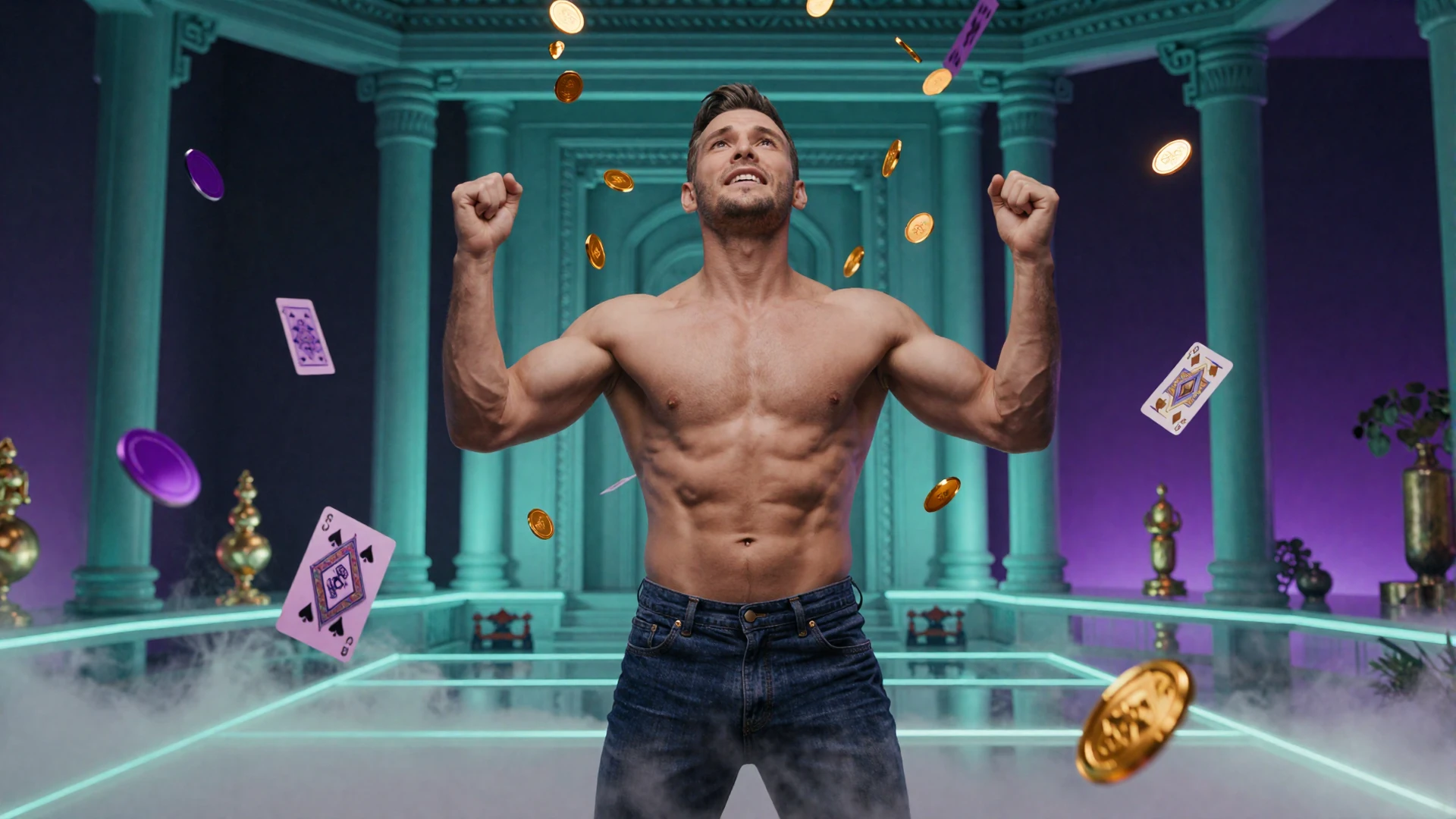 Siegerhafter Model mit goldenen M&uuml;nzen und neon Casino-Chips im t&uuml;rkisenen Zen-Tempel bei GambleZen Casino Bonus