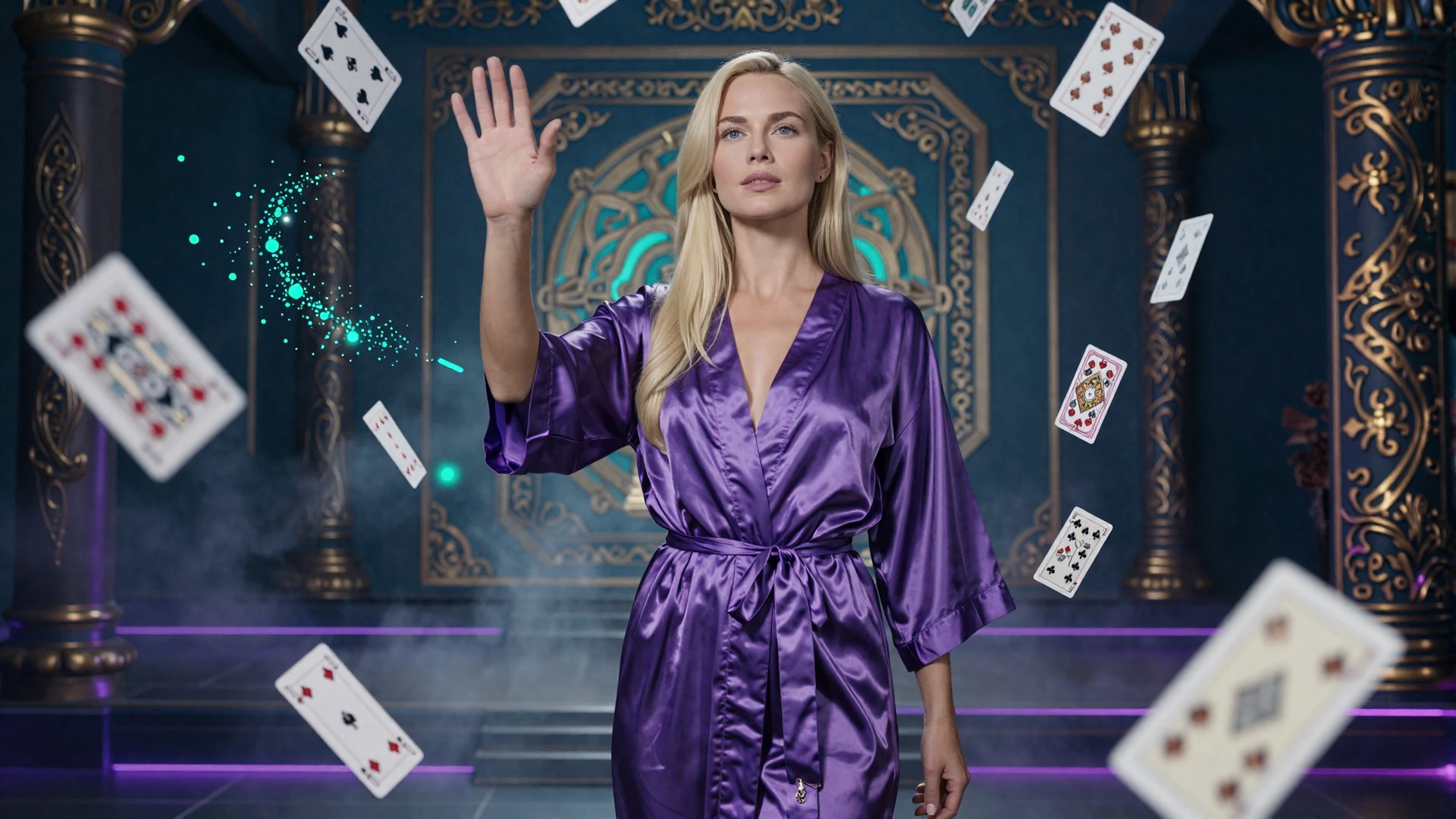 Model in violett-azurnem Zen-Tempel mit schwebenden Spielkarten und leuchtenden Partikeln beim Online-Casino GambleZen