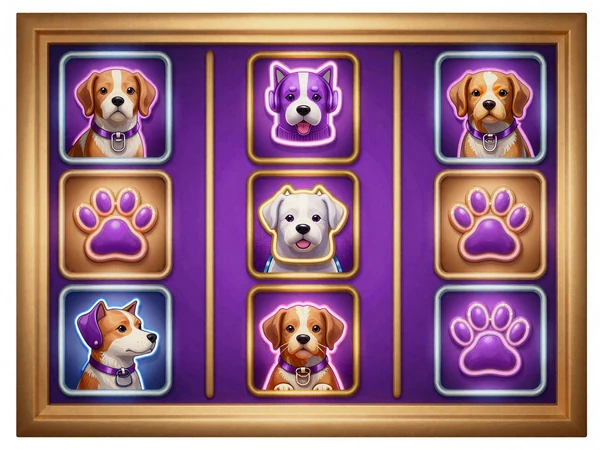 The Dog House Slot mit verspielten Hunde-Neon-Motiven in Violett und Gold bei GambleZen