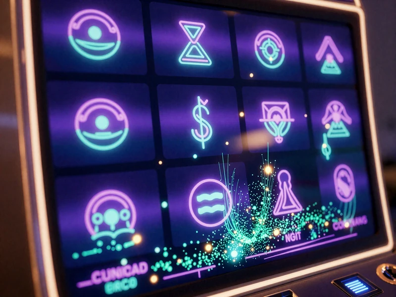 Neon-Spielautomaten in Rasteranordnung mit violetten und t&uuml;rkisen Akzenten bei GambleZen Casino