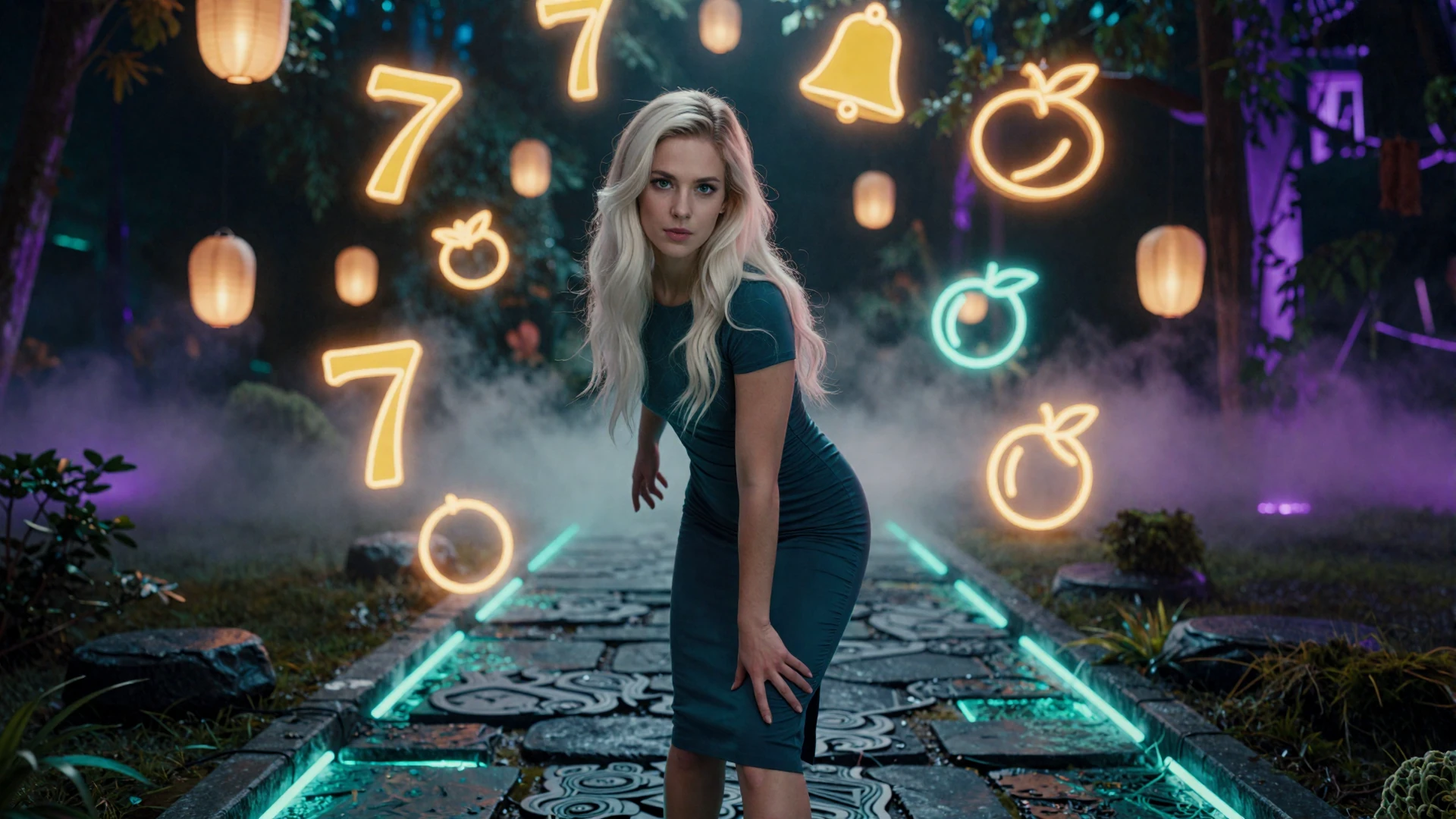 Model mit orbitierenden Neon-Slot-Symbolen im Zen-Garten - Online Slots bei GambleZen Casino