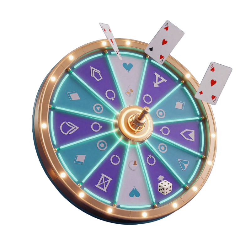 Leuchtendes Lucky Wheel mit t&uuml;rkisenen und violetten Neon-Segmenten und schwebenden Spielkarten bei GambleZen Casino